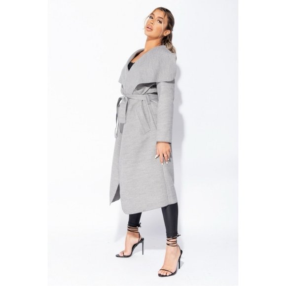Gray Wool Blend Oversized Lapel Belted Long Maxi Waterfall Collar Coat - Picture 4 of 8